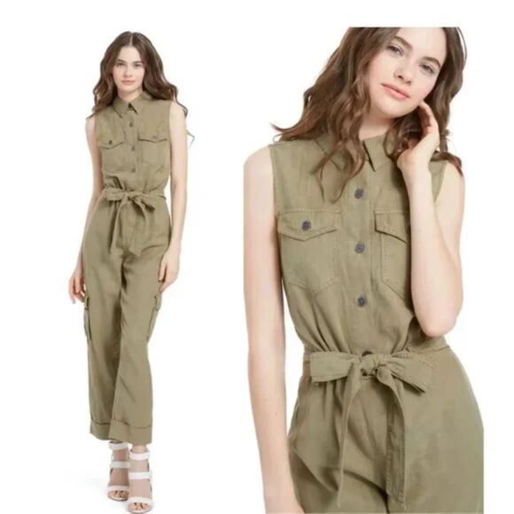 Alice + Olivia Joey Army Green Cargo Utility Sleeveless Jumpsuit Size 8 - Picture 1 of 10